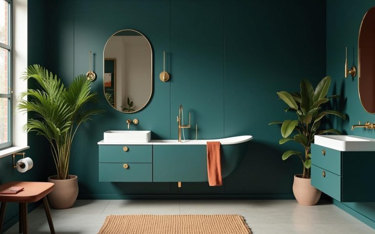 Salle de bain moderne avec bleu marine, doré, vert émeraude et terracotta.