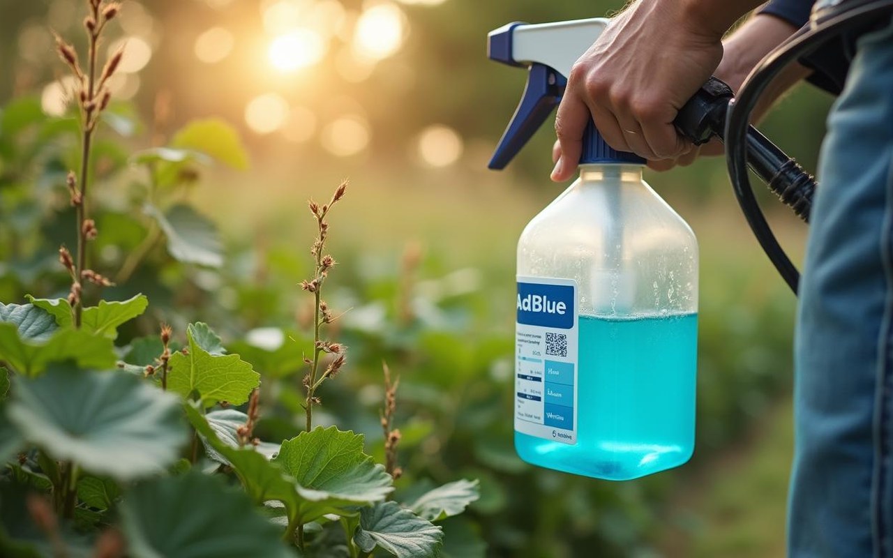 Application d'AdBlue comme désherbant dans un jardin, avec un pulvérisateur et un tableau de dosage.