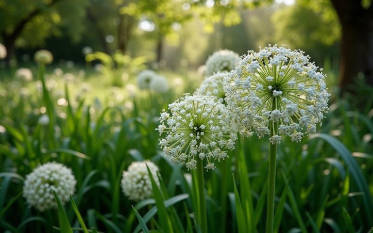 Jardin ombragé avec des touffes d'ail des ours en fleurs blanches.