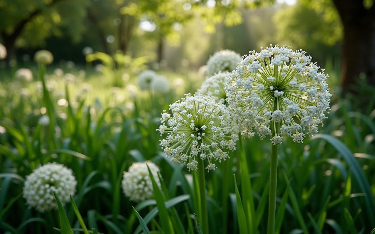 Jardin ombragé avec des touffes d'ail des ours en fleurs blanches.