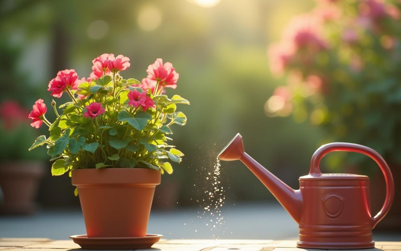 Géranium en pot sur une terrasse avec un arrosoir, illustrant un arrosage équilibré.