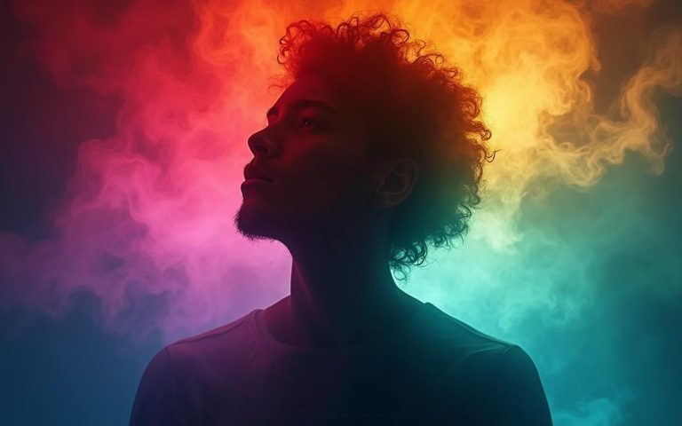 Silhouette humaine avec un halo lumineux multicolore représentant l'aura.