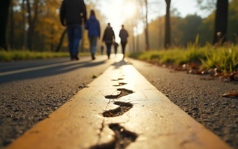 Des silhouettes de personnes marchant sur un chemin, illustrant la diversité des foulées selon la taille.