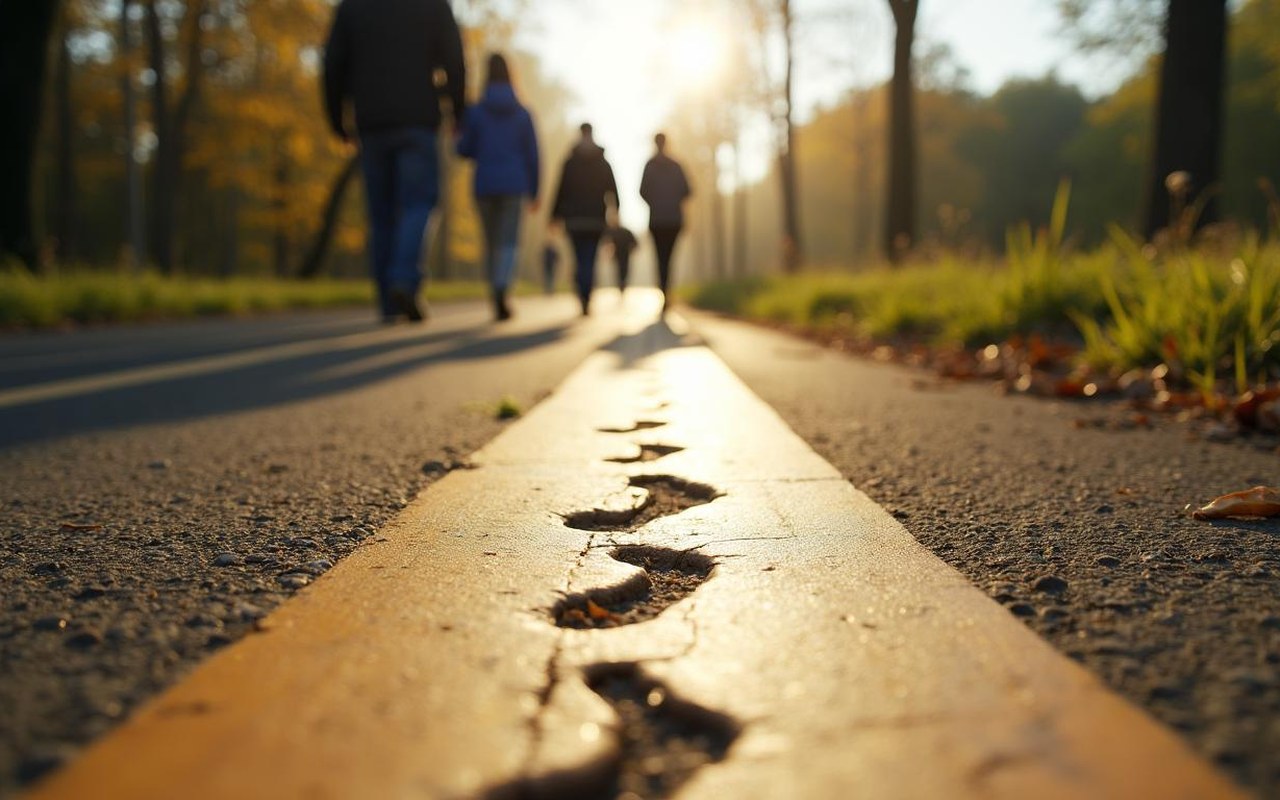 Des silhouettes de personnes marchant sur un chemin, illustrant la diversité des foulées selon la taille.