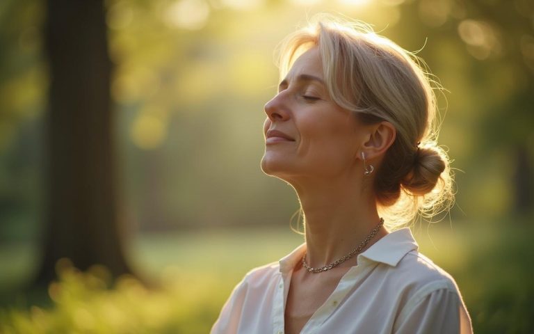 Personne en séance de sophrologie, respirant profondément dans un cadre naturel apaisant.