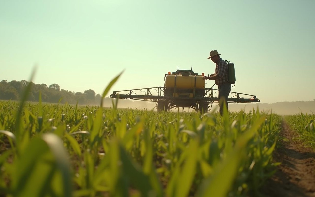 Agriculteur utilisant un désherbant glyphosate dans un champ avec des mauvaises herbes.