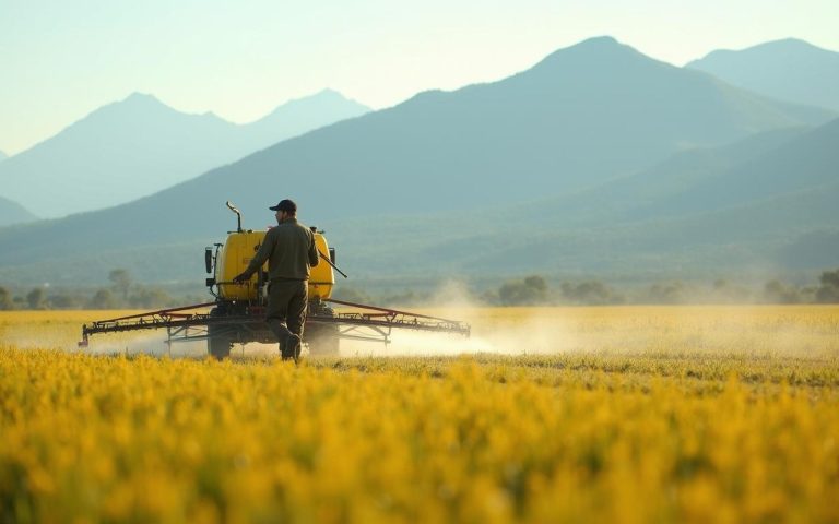 Agriculteur espagnol utilisant du glyphosate dans un champ près de la frontière française.