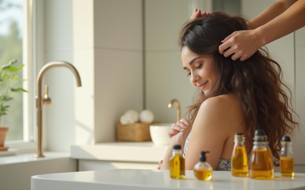 Application de l'huile de ricin sur les cheveux dans une salle de bain lumineuse.