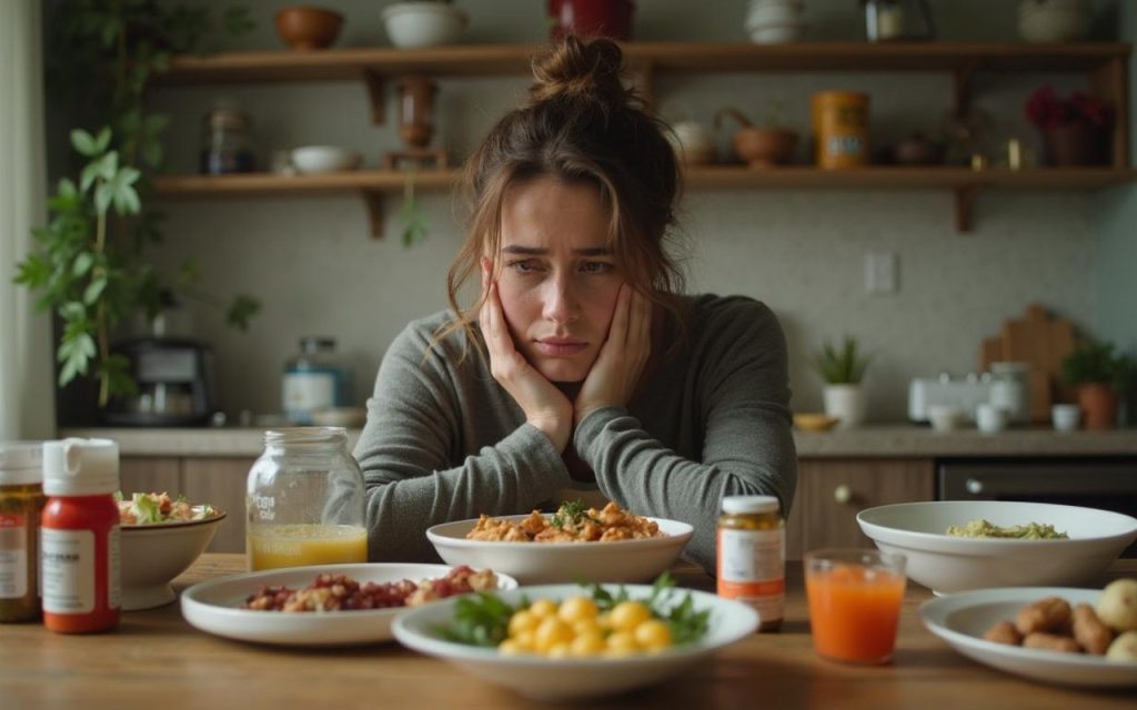 Personne fatiguée entourée de plats cétogènes et de vitamines, illustrant les effets secondaires du régime.