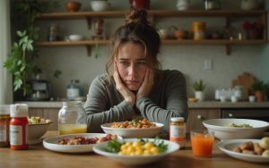 Personne fatiguée entourée de plats cétogènes et de vitamines, illustrant les effets secondaires du régime.
