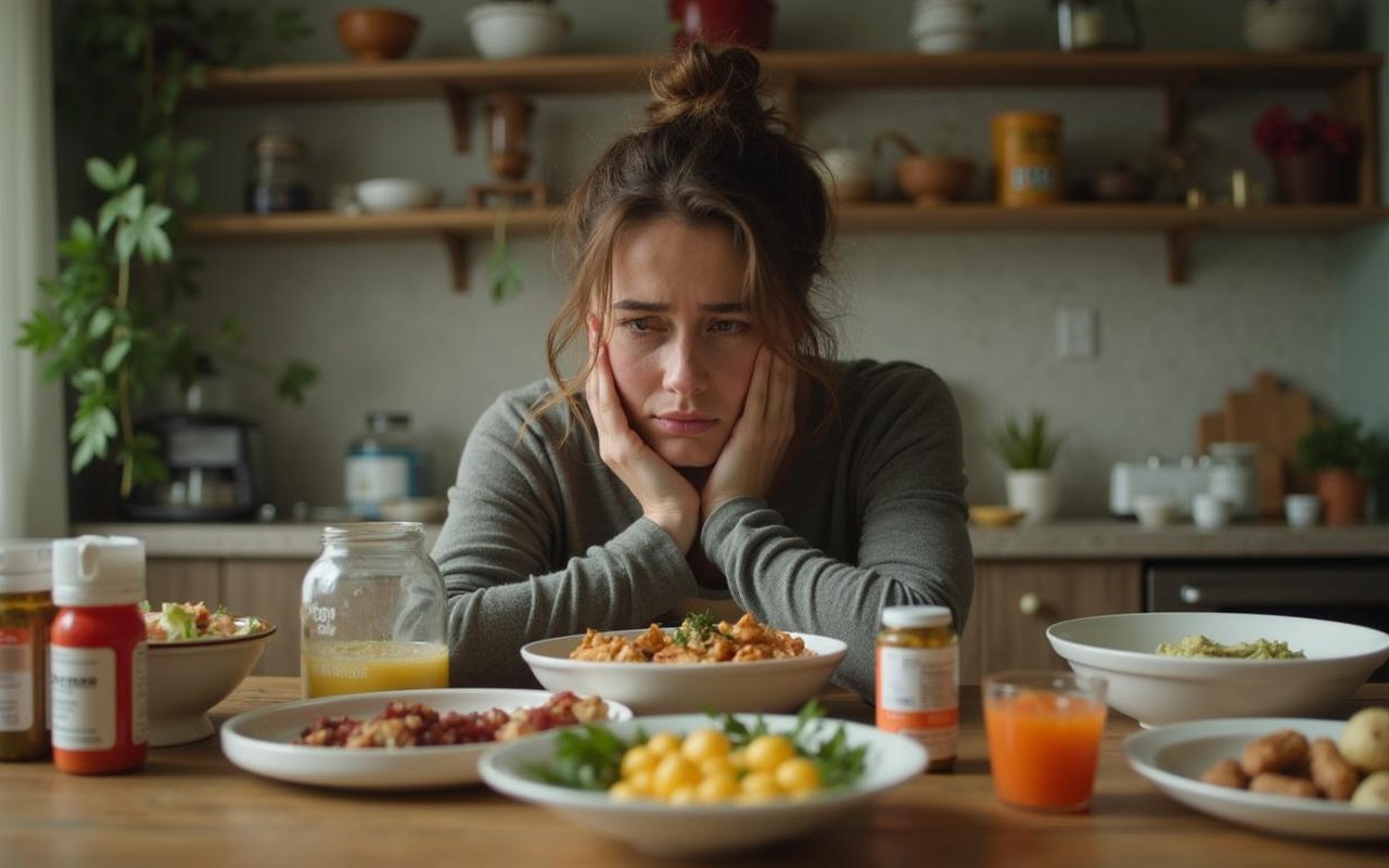 Personne fatiguée entourée de plats cétogènes et de vitamines, illustrant les effets secondaires du régime.