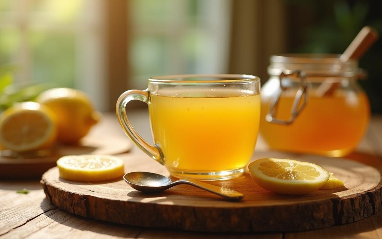 Boisson chaude au miel et citron pour favoriser la détente le soir.