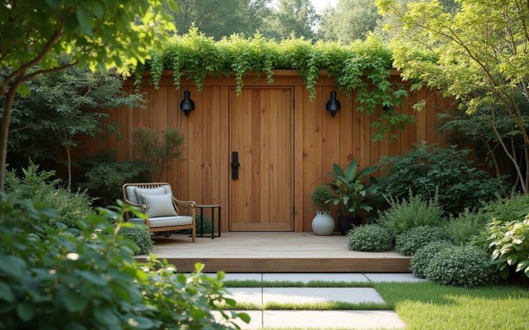 Mur anti-bruit en bois dans un jardin résidentiel, créant un espace calme.
