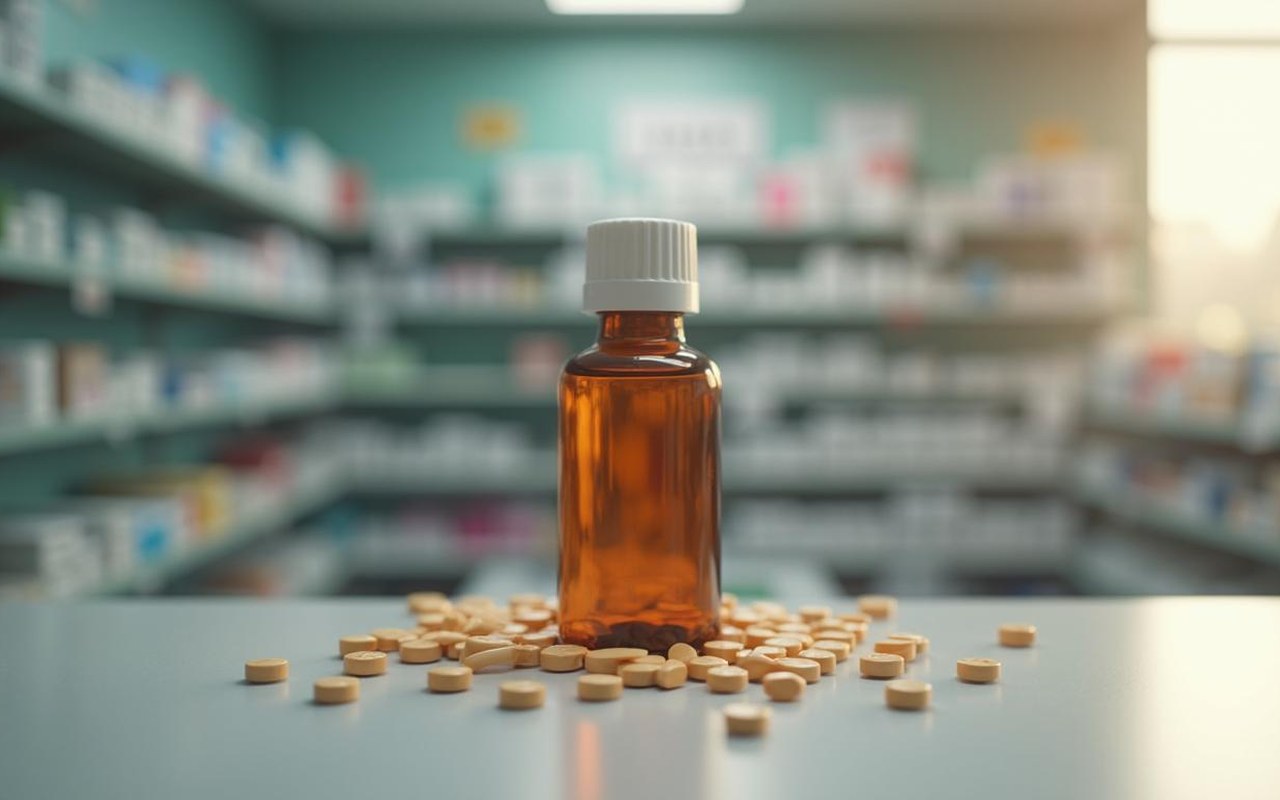 Flacon de Néocodion et comprimés sur une table dans une pharmacie