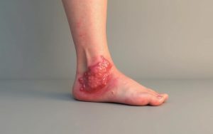 Jambe présentant des signes de phlébite avec gonflement et rougeur.