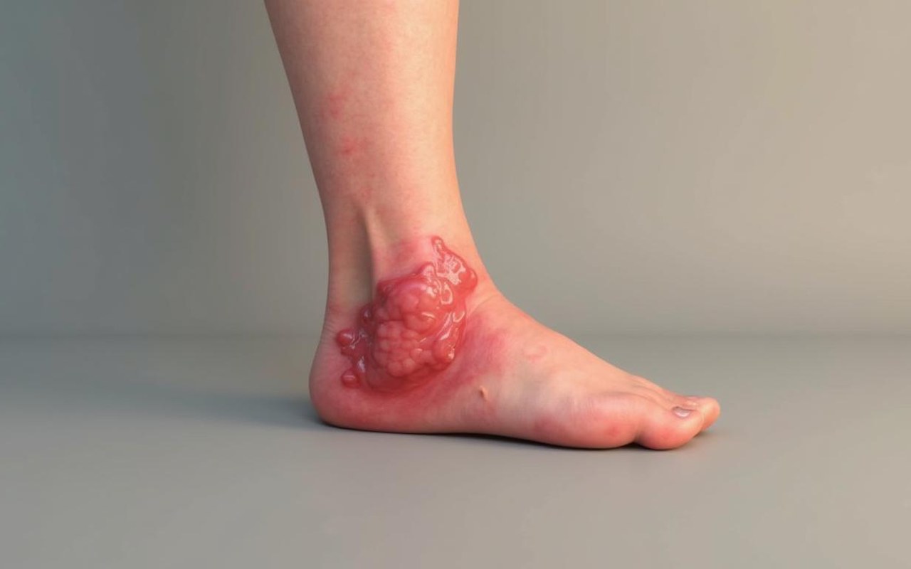 Jambe présentant des signes de phlébite avec gonflement et rougeur.