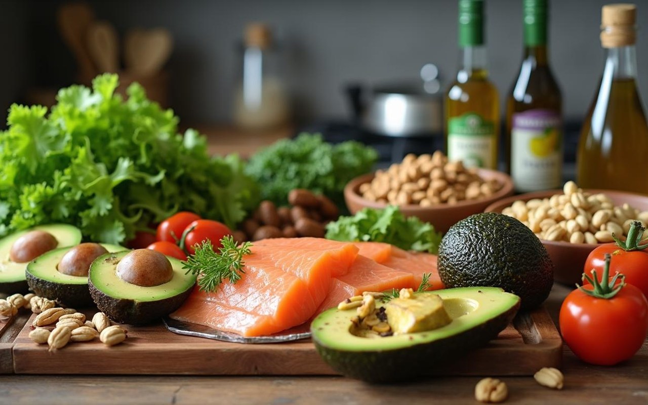 Table de cuisine avec des aliments cétogènes variés pour débutants.