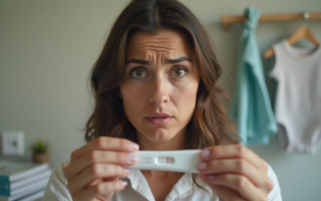 Femme perplexe devant un test de grossesse négatif, symbolisant le décalage entre symptômes et résultats.