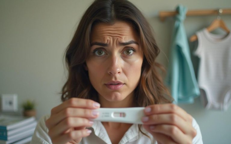 Femme perplexe devant un test de grossesse négatif, symbolisant le décalage entre symptômes et résultats.