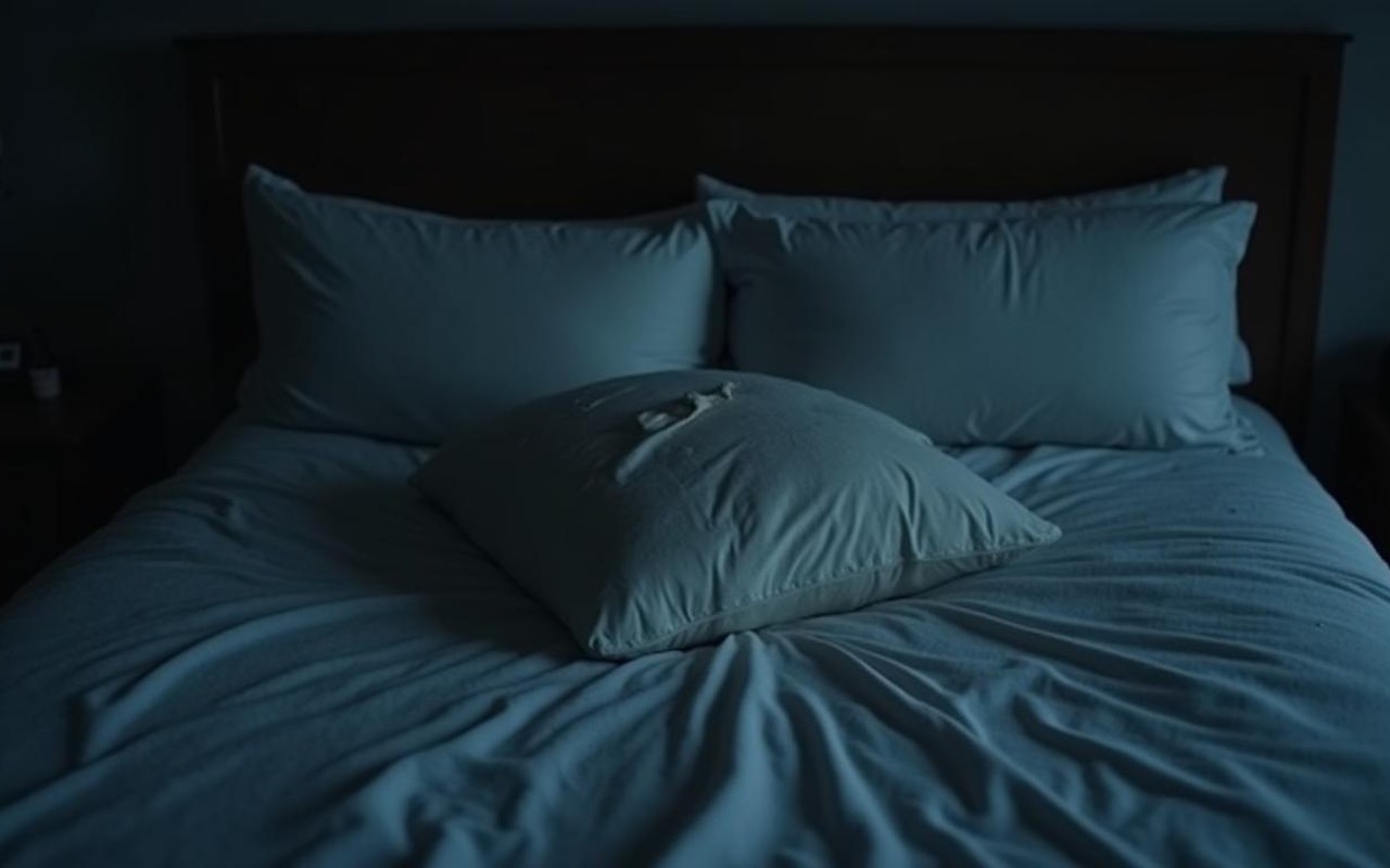 Chambre sombre avec draps humides, illustrant la transpiration nocturne.