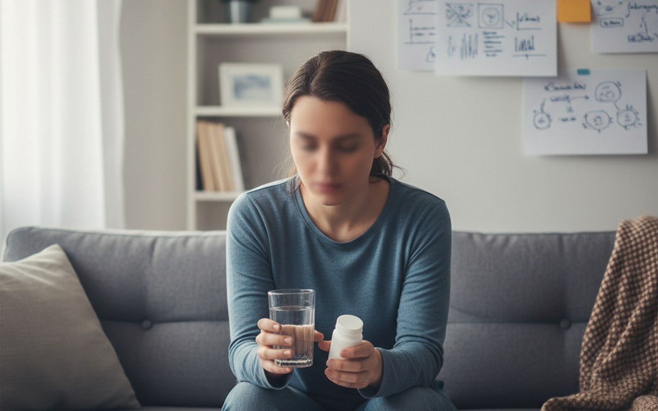 Un patient préoccupé par les effets secondaires du Cymbalta, entouré de notes explicatives.