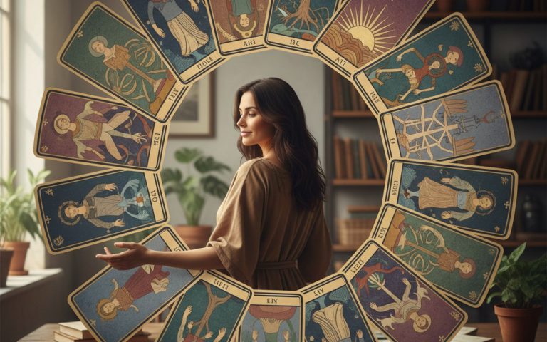 Femme brune bienveillante entourée de cartes de tarot, symbolisant la Dame de Trèfle.