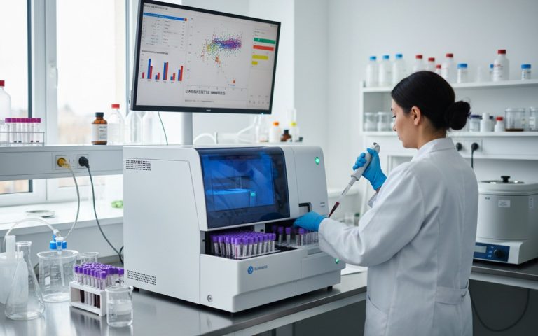 Laboratoire médical avec analyseur hématologique et échantillons de sang.