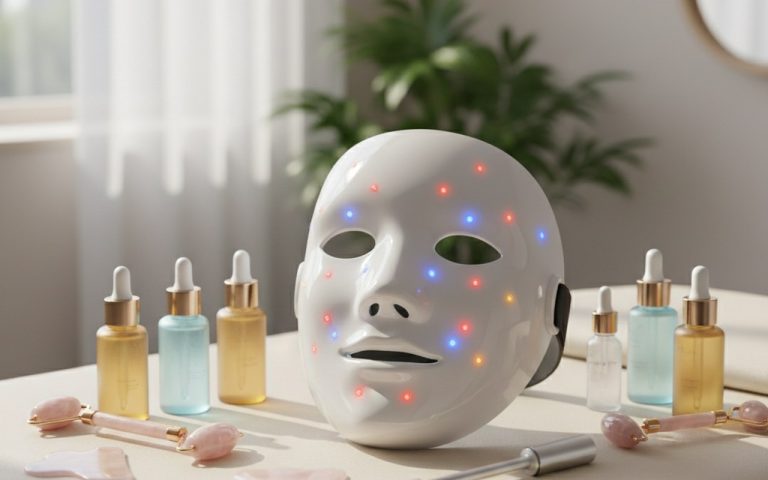 Masque LED pour le visage sur une table de soins esthétiques avec des produits de soin.