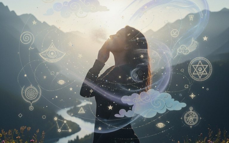 Une personne éternuant dans un cadre naturel avec des symboles spirituels autour d'elle.