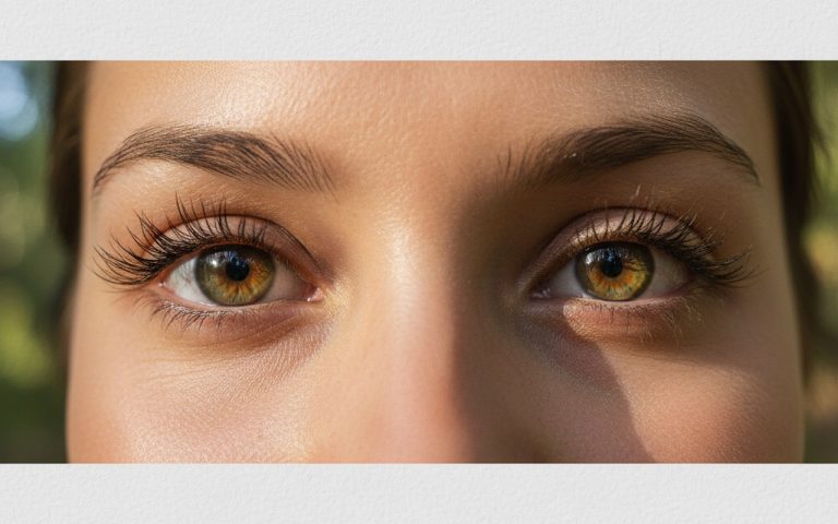 Gros plan sur des yeux hazel montrant des nuances de vert et marron sous la lumière naturelle.