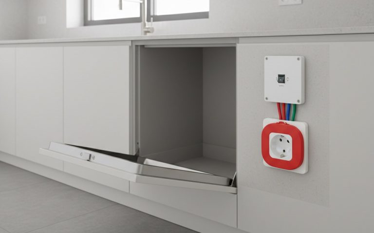 Installation d'une prise 16A pour lave-vaisselle dans une cuisine moderne, mettant en avant la sécurité électrique.