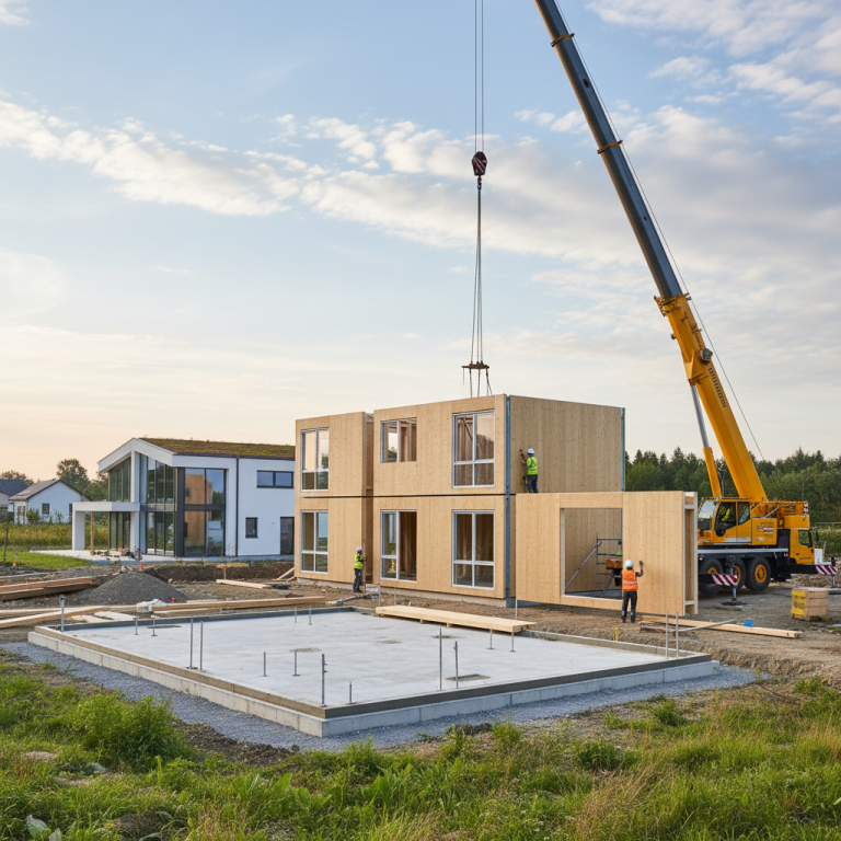 Illustration réaliste sur Maisons préfabriquées : rapidité et performance en 2024
