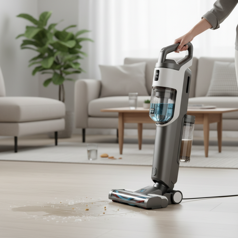 Illustration réaliste sur Guide pratique 2026 : choisir le meilleur aspirateur laveur sans fil
