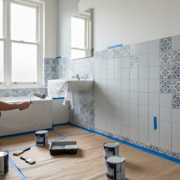 Illustration réaliste sur Peindre le carrelage d’une salle de bain : une rénovation rapide mais temporaire