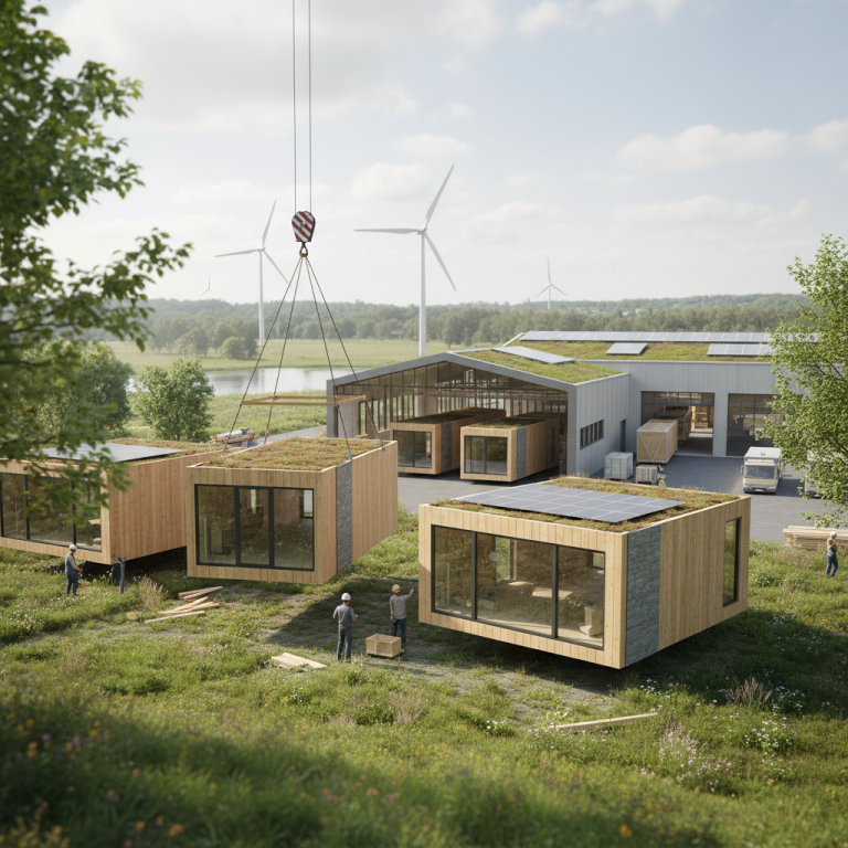 Illustration réaliste sur Révolution de la maison modulaire écologique : construire mieux et plus vite